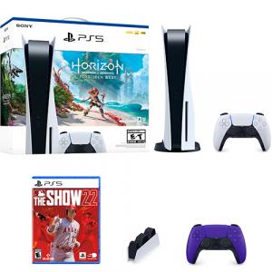 PlayStation 5 Console and Horizon Forbidden West Bundle + PlayStation 5 DualSense Charging Station for Controller + PlayStation 5 DualSense Wireless Controller Galactic Purple + MLB The Show 22 PS5