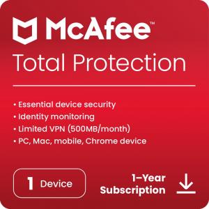 McAfee Total Protection Antivirus & Internet Security Software for 1 Devices (Windows/Mac/Android/iOS), 1-Year Subscription (Digital Download)