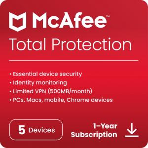 McAfee Total Protection Antivirus & Internet Security Software for 5 Devices (Windows/Mac/Android/iOS), 1-Year Subscription (Digital Download)