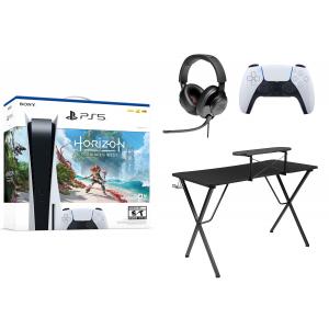 PlayStation5 Console Horizon Forbidden West Bundle + PlayStation 5 DualSense Wireless Controller + JBL Quantum 200 Wired Over-Ear Gaming Headset – Black + Flash Furniture Gaming Desk
