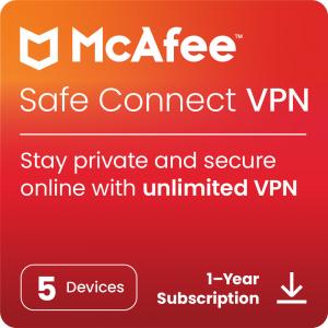 McAfee Safe Connect VPN Software – Virtual Private Network Online Protection Software -  5 Devices, 1-Year Subscription, (Digital Download)