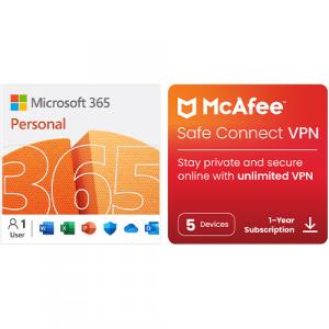 Microsoft 365 Personal 12 Month Auto-Renewal + McAfee Safe Connect VPN Software – Virtual Private Network Online Protection Software -  5 Devices, 1-Year Subscription, (Digital Download)