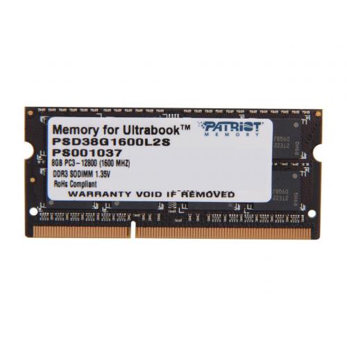 Patriot Memory 8GB Ultrabook Memory Module - For Notebook - DDR3-1600/PC3-12800 DDR3 SDRAM - 1600 MHz Clock Speed - Unbuffered - 204-pin SoDIMM
