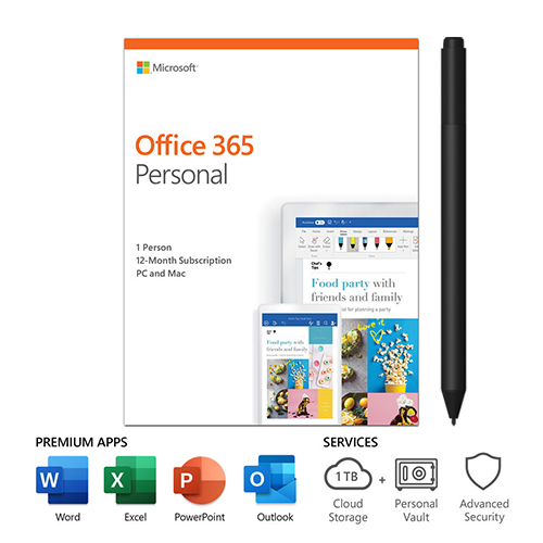 Microsoft Office 365 Personal 1 Yr Subscription for 1 User w/ Charcoal Surface Pen - For Windows, Mac iOS, and Android devices - Bluetooth connectivity for Surface Pen - 4,096 pressure points - Writes like pen on paper