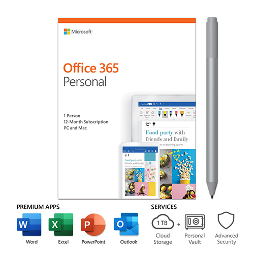 Microsoft Office 365 Personal 1 Yr Subscription for 1 User w/ Platinum Surface Pen - For Windows, Mac iOS, and Android devices - Bluetooth connectivity for Surface Pen - 4,096 pressure points - Writes like pen on paper