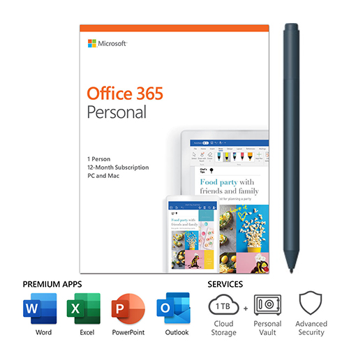 Microsoft Office 365 Personal 1 Year Subscription for 1 User w/ Cobalt Blue Surface Pen - For Windows, Mac iOS, and Android devices - Bluetooth connectivity for Surface Pen - 4,096 pressure points - Writes like pen on paper