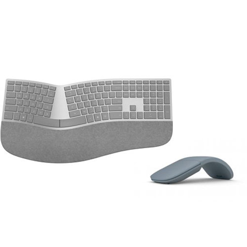 Microsoft Surface Ergonomic Keyboard Gray + Microsoft Surface Arc Touch Mouse Ice Blue - Wireless Bluetooth Connectivity - QWERTY Key Layout - Ultra-slim & lightweight - Made w/ Alcantara Material - Compatible w/ Notebook & Smartphones