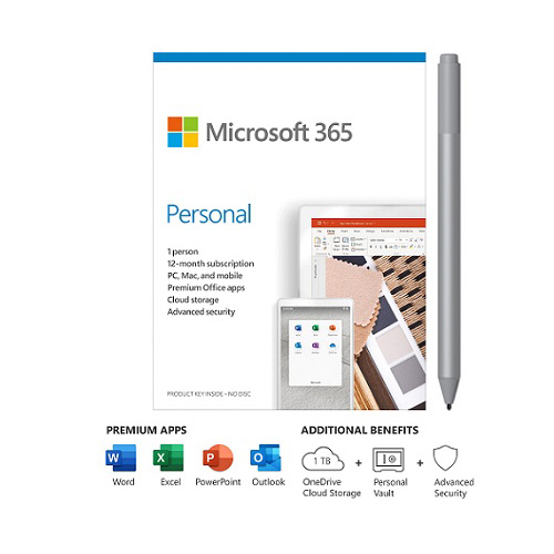 Microsoft 365 Personal 1 Year For 1 User+Surface Pen Platinum - PC/Mac Keycard - Bluetooth 4.0 Connectivity - 4,096 Pressure Points for Pen - Writes like pen on paper - For Windows, macOS, iOS, and Android devices