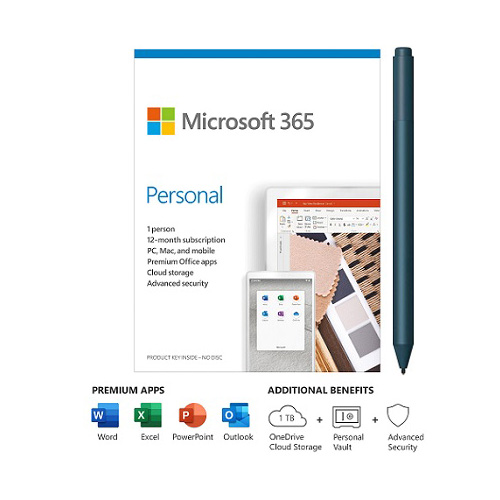 Microsoft 365 Personal 1 Year For 1 User+Surface Pen Cobalt Blue - PC/Mac Keycard - Bluetooth 4.0 Connectivity - 4,096 Pressure Points for Pen - Writes like pen on paper - For Windows, macOS, iOS, and Android devices