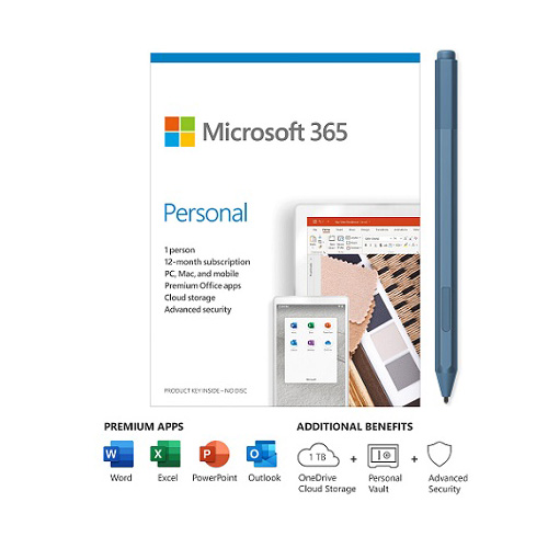 Microsoft 365 Personal 1 Year For 1 User+Surface Pen Ice Blue - PC/Mac Keycard - Bluetooth 4.0 Connectivity - 4,096 Pressure Points for Pen - Writes like pen on paper - For Windows, macOS, iOS, and Android devices