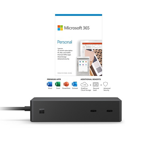Microsoft Surface Dock 2 Black + Microsoft 365 Personal 1 Year Subscription For 1 User - 199W power supply - PC/Mac Keycard - Dock 2 supports dual 4K @60Hz - For Windows, macOS, iOS, & Android devices - 1TB OneDrive cloud storage