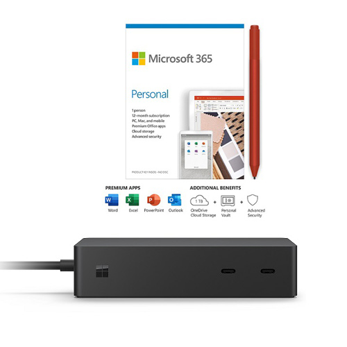 Microsoft Surface Dock 2 Black + Surface Pen Poppy Red + Microsoft 365 Personal 1 Year Subscription For 1 User - 199W power supply - Bluetooth 4.0 Connectivity for Pen - 4,096 Pressure Points for Pen - PC/Mac Keycard - 1TB OneDrive cloud storage