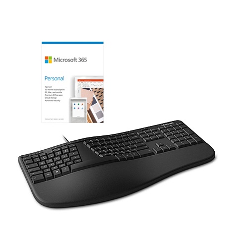 Microsoft Ergonomic Keyboard Black + Microsoft 365 Personal 1 Year Subscription For 1 User