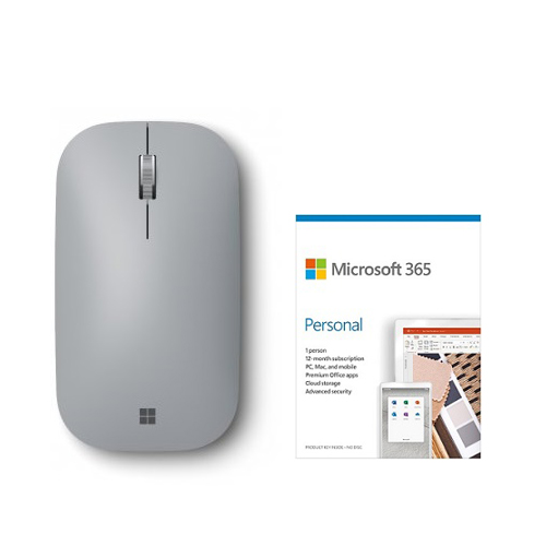 Microsoft Surface Mobile Mouse Platinum + Microsoft 365 Personal 1 Year Subscription For 1 User - PC/Mac Keycard for Microsoft 365 Personal - Wireless - Bluetooth - Seamless scrolling - Light & portable - BlueTrack enabled