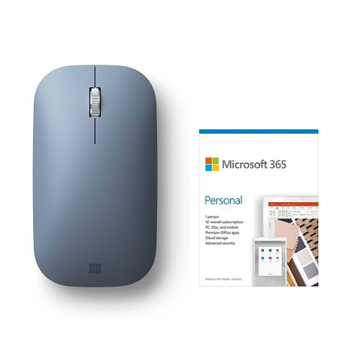 Microsoft Surface Mobile Mouse Ice Blue + Microsoft 365 Personal 1 Year Subscription For 1 User - PC/Mac Keycard for Microsoft 365 Personal - Wireless - Bluetooth - Seamless scrolling - Light & portable - BlueTrack enabled