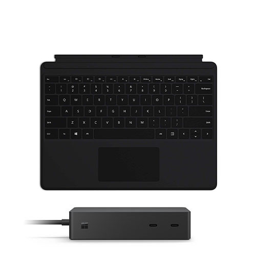 Microsoft Surface Dock 2 Black + Surface Pro X Keyboard Black Alcantara - 199W power supply for Dock - Dock Supports dual 4K at 60Hz - 2 x front-facing USB-C - Adjusts to virtually any angle - Wireless Connectivity for Keyboard