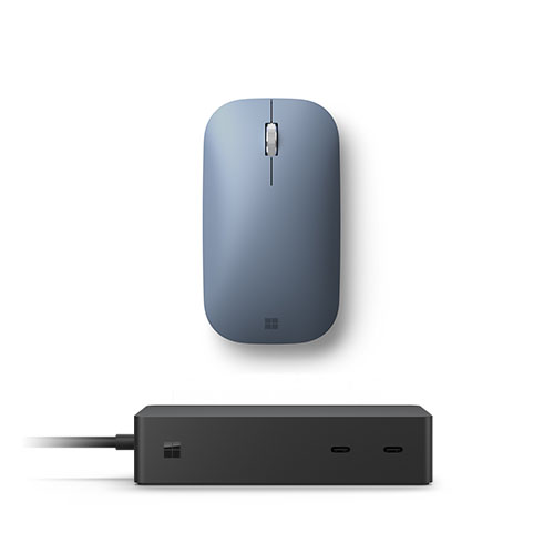 Microsoft Surface Dock 2 Black+Surface Mobile Mouse Ice Blue - 2 x front-facing USB-C - 2 x rear-facing USB-C (Gen 2) - 2 x rear-facing USB-A - Bluetooth Connectivity for Mouse - BlueTrack enabled for Mouse