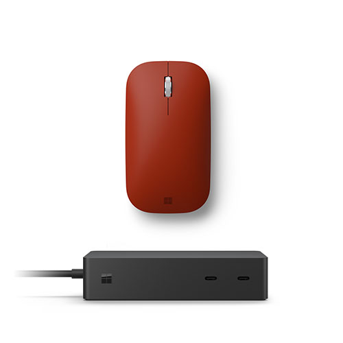 Microsoft Surface Dock 2 Black+Surface Mobile Mouse Poppy Red - 2 x front-facing USB-C - 2 x rear-facing USB-C (Gen 2) - 2 x rear-facing USB-A - Bluetooth Connectivity for Mouse - BlueTrack enabled for Mouse