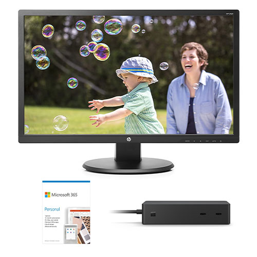 HP 24uh 24" Monitor Black + Microsoft Surface Dock 2 Black + Microsoft 365 Personal 1 Year Subscription For 1 User