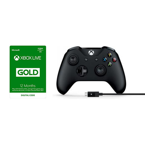 Xbox Wireless Controller and Cable for Windows+Microsoft Xbox Live Gold 12-Month Membership (Digital Code) - Cable for Windows included - 12-Month Membership - Only redeemable online - Bluetooth Connectivity - Compatible w/ Windows & Xbox Consoles