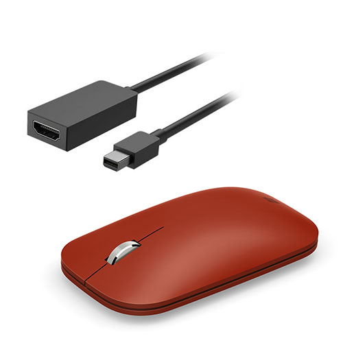 Microsoft Surface Mini DisplayPort to HDMI 2.0 Adapter Black+Surface Mobile Mouse Poppy Red - 3840 x 2160p @60Hz - Bluetooth Connectivity for Mouse - DisplayPort 1.2 standard - Seamless scrolling - BlueTrack enabled