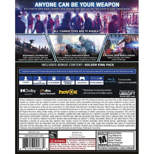 Watch Dogs: Legion Standard Edition   For PS4 And PS5   ESRB Rated M (Mature 17+)   Action/Adventure Game   Complete Co Op Missions W/ Friends   Hack Armed Drones & Deploy Spider Bots! 
