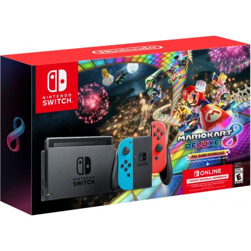 Nintendo Switch Neon Blue/Neon Red Joy Con + Mario Kart 8 Deluxe (Download) + 3month Nintendo Switch Online Membership + Ring Fit Adventure + Nintendo Switch Pro Controller 