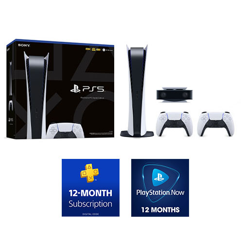 PlayStation 5 Digital Edition w/ DualSense Controller + Extra DualSense Wireless controller + PS5 HD Camera + PlayStation Plus 12 Month Membership (Email Delivery) + PlayStation NOW: 12-Month Subscription (Email Delivery)