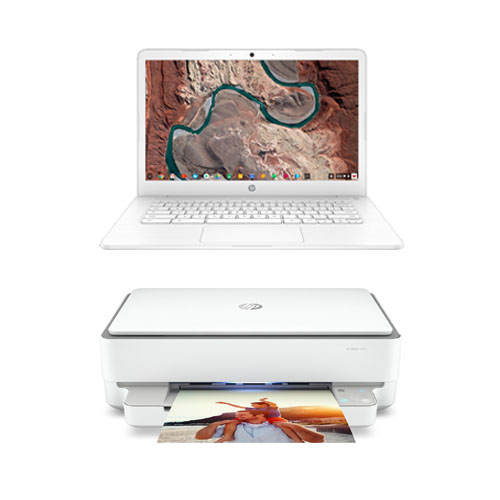 HP 14 14" Chromebook Intel Celeron N3350 4GB RAM 32GB eMMC Snow White + HP ENVY 6055 Wireless Color Inkjet All-in-One Printer, Instant Ink