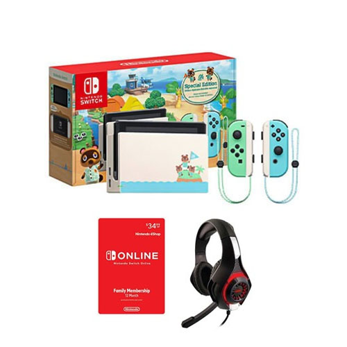 Nintendo Switch Console 32GB Special Animal Crossing: New Horizons Edition + Nintendo Switch Online Family Membership 12 Month Code + Nyko Core 80801 Wired Gaming Headset