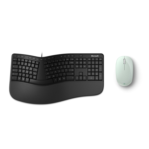 Microsoft Ergonomic Keyboard Black + Microsoft Bluetooth Mouse Mint - Wired Connectivity Keyboard - Bluetooth Connectivity for Mouse - Feat. dedicated integrated numbers pad - Includes dedicated keys for Office 365 - 4 Buttons Total on Mouse