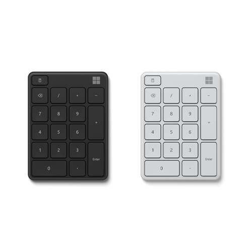 Microsoft Number Pad Matte Black + Microsoft Number Pad Glacier - Bluetooth 5.0 Connectivity - 2.4 GHz Frequency Range - Connect up to 3 devices - 1.3mm low profile key travel - Up to 24 month battery life