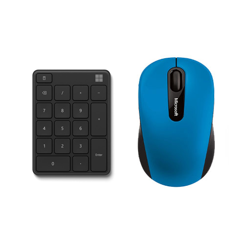 Microsoft Number Pad Matte Black + Microsoft 3600 Bluetooth Mobile Mouse Blue - Bluetooth Connectivity - 2.4 GHz Frequency Range - 1000 dpi movement resolution - 4 Total Buttons on Mouse - Up to 24 month battery life