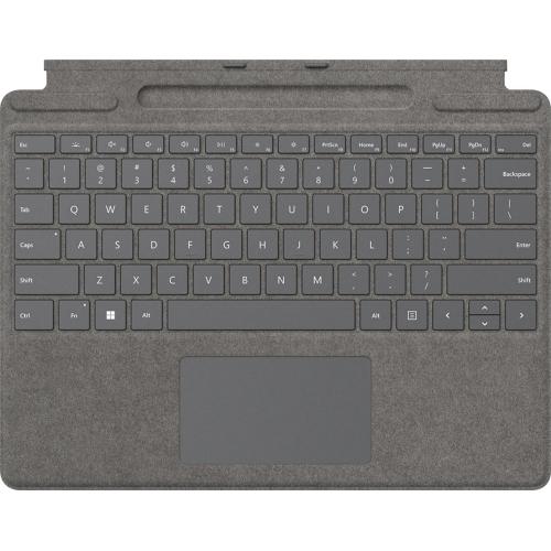 Microsoft Surface Pro Signature Keyboard Platinum - Adjusts to virtually any angle - Full mechanical keyset with backlit keys - Large Trackpad for precise control - Made with Alcantara material - Optimum key spacing supports accurate typing