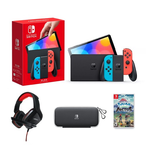 Nintendo Switch (OLED model) with Neon Red & Neon Blue Joy-Con Controllers + Nintendo Switch Carrying Case & Screen Protector + Nyko NS-4500 Wired Gaming Headset + Pokemon Legends: Arceus