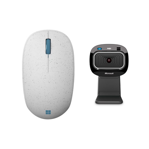 Microsoft Ocean Plastic Wireless Scroll Mouse Seashell + Microsoft LifeCam HD-3000 Webcam - Bluetooth 5.0 Connectivity - 30 fps for Webcam - Made w/ 20% package waste - 1280 x 720 Video - Up to 30" per second Tracking Speed