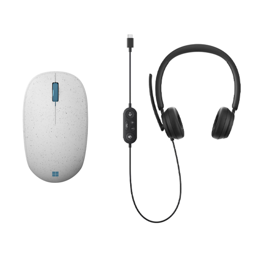 Microsoft Ocean Plastic Wireless Scroll Mouse Seashell + Microsoft Modern USB-C Headset Black - Bluetooth 5.0 Connectivity - Wired USB-C Connection - Made w/ 20% package waste - High-quality stereo sound - Up to 30" per second Tracking Speed