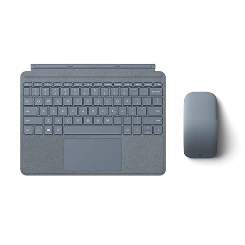 Microsoft Surface Arc Touch Mouse Ice Blue + Microsoft Surface Go Signature Type Cover Ice Blue - Wireless Mouse - A full Keyboard experience - Bluetooth Connectivity - Close to protect screen & conserve battery - Ultra-slim & lightweight