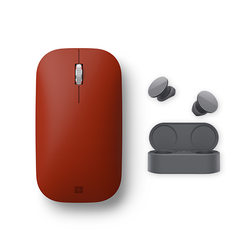 Microsoft Surface Earbuds Graphite + Microsoft Surface Mobile Mouse Poppy Red - 2 x Microphones per earbud - 13.6mm Speaker Drivers - Up to 24 hr of music listening - Bluetooth Connectivity - BlueTrack enabled mouse