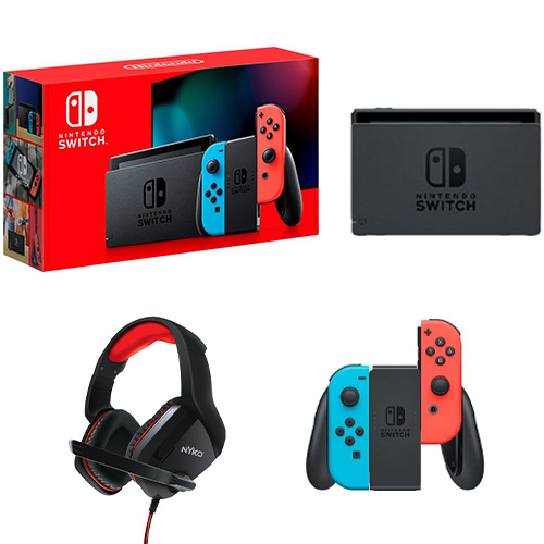 Nintendo Switch 32GB Console w/ Neon Blue & Neon Red Joy Con + Nyko NS-4500 Wired Gaming Headset