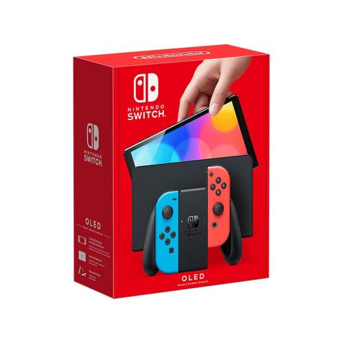 Nintendo Switch (OLED Model) With Neon Red & Neon Blue Joy Con Controllers + Nintendo Switch Carrying Case & Screen Protector + Nyko NS 4500 Wired Gaming Headset 