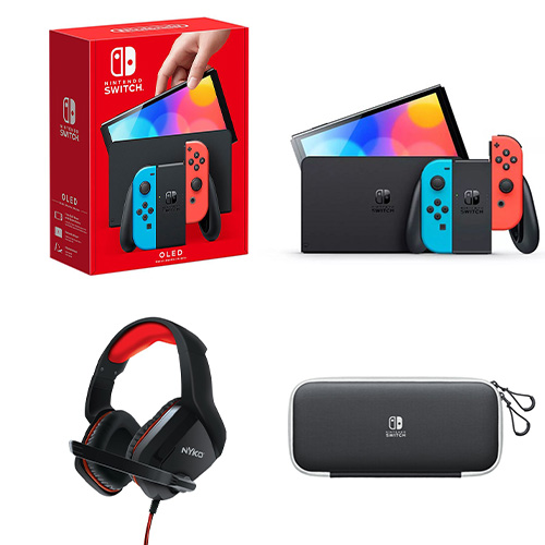 Nintendo Switch (OLED model) with Neon Red & Neon Blue Joy-Con Controllers + Nintendo Switch Carrying Case & Screen Protector + Nyko NS-4500 Wired Gaming Headset