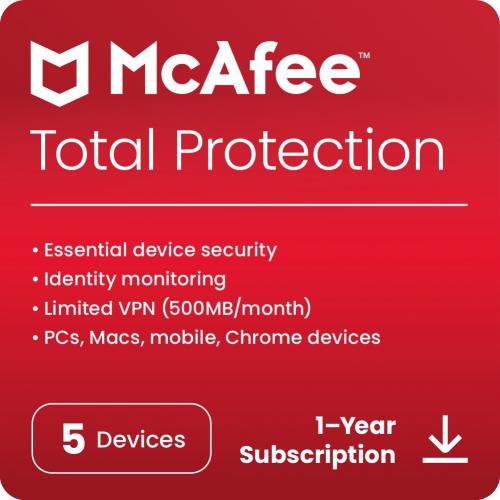 McAfee Total Protection Antivirus & Internet Security Software for 5 Devices (Windows/Mac/Android/iOS), 1-Year Subscription (Digital Download) - 5 Devices - 1 Year Subscription