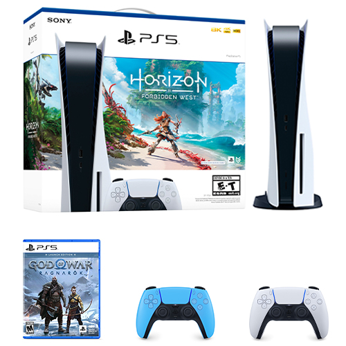 PlayStation5 Console Horizon Forbidden West Bundle + PlayStation 5 DualSense Wireless Controller Starlight Blue + God of War Ragnarok Launch Edition PS5