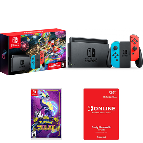 Nintendo Switch w/ Neon Blue & Neon Red Joy-Con + Mario Kart 8 Deluxe (Full Game Download) + 3 Month Nintendo Switch Online Individual Membership + Pokemon Violet + Nintendo Switch Online Family Membership 12 Month Code