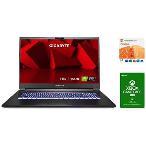 GIGABYTE A7 K1 17.3" Gaming Laptop 144Hz AMD Ryzen 7-5800H NVIDIA GeForce RTX 3060 GPU 6 GB 16 GB RAM 512 GB SSD + Microsoft 365 Personal + Xbox Game Pass For PC 3 Month Membership (Email Delivery)