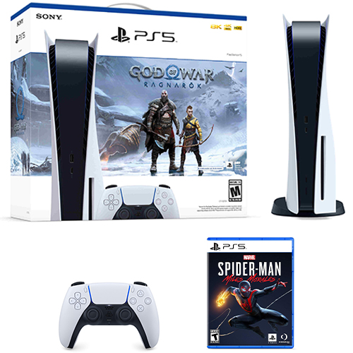 PlayStation 5 Console God of War Ragnarok Bundle + Marvel's Spider-Man: Miles Morales - Includes PS5 Console & DualSense Controller - 16GB RAM 825GB SSD - Custom Integrated I/O - Up to 120fps @ 120Hz output - Tempest 3D AudioTech
