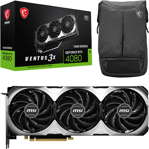 MSI GeForce RTX 4080 16GB VENTUS 3X OC Graphics Card + MSI Air Gaming Backpack Grey - DirectX 12 Ultimate Supported - G-Sync Compatible - HDCP Supported - TORX Fan 4.0 Cooling System - 16 GB GDDR6X Memory Interface