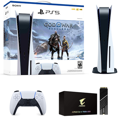PlayStation 5 Console God of War Ragnarok Bundle + GIGABYTE Aorus 1TB Solid State Drive - Includes PS5 Console & DualSense Controller - 16GB RAM 825GB SSD - Custom Integrated I/O - Up to 120fps @ 120Hz output - Tempest 3D AudioTech - 5 Year Warranty
