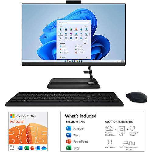 Lenovo IdeaCentre AIO 3 23.8" FHD All-in-One Desktop Ryzen 3 5435U 8GB RAM 256GB SSD + 1TB HDD Black + Microsoft 365 Personal